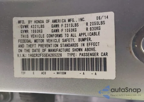 2014 Honda Accord Sport from USA, damaged, VIN 1HGCR2F55EA265226
